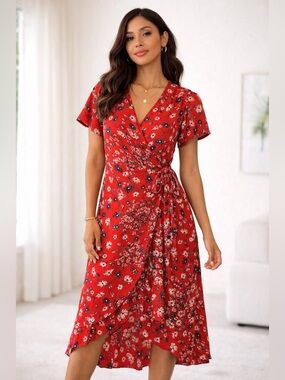 Cottagecore Red Floral Flowy Boho Tomato Midi Wrap Dress Feminine Size 8 H&M